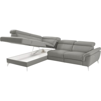 Canapé d'angle relax en 100% tout cuir de luxe italien avec relax électrique et coffre -, 5/6 places SORENTO, gris clair, angle