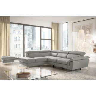Canapé d'angle relax en 100% tout cuir de luxe italien avec relax électrique et coffre -, 5/6 places SORENTO, gris clair, angle