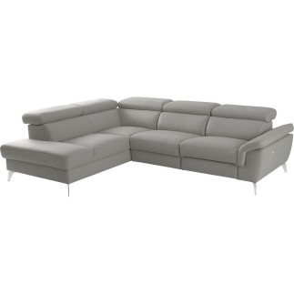 Canapé d'angle relax en 100% tout cuir de luxe italien avec relax électrique et coffre -, 5/6 places SORENTO, gris clair, angle