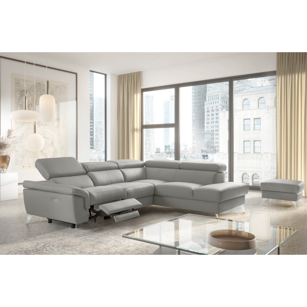 Canapé d'angle relax en 100% tout cuir de luxe italien avec relax électrique et coffre, 5/6 places SORENTO, gris clair, angle dr