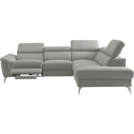 Canapé d'angle relax en 100% tout cuir de luxe italien avec relax électrique et coffre, 5/6 places SORENTO, gris clair, angle dr