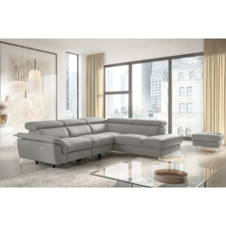 Canapé d'angle relax en 100% tout cuir de luxe italien avec relax électrique et coffre, 5/6 places SORENTO, gris clair, angle dr