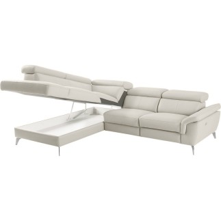 Canapé d'angle relax en 100% tout cuir de luxe italien avec relax électrique et coffre -, 5/6 places SORENTO, ivoire, angle gauc