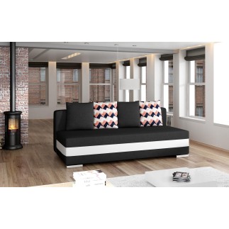 Canapé 3 places convertible tissu noir et simili blanc, coffre, CALIN