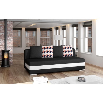 Canapé 3 places convertible tissu noir et simili blanc, coffre, CALIN