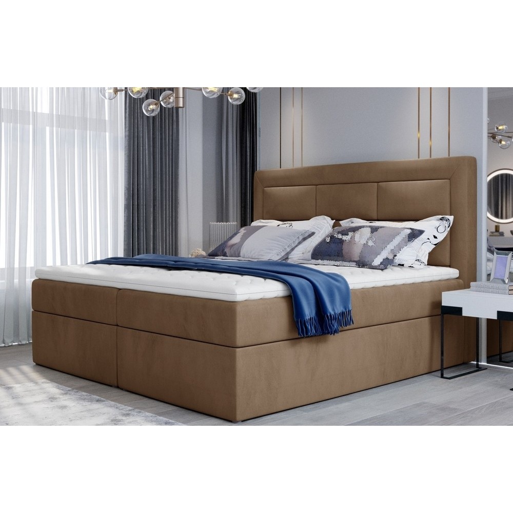 Ensemble boxspring complet tête de lit + sommiers + matelas + surmatelas VISTA VELOURS de VENESETTI - tissu velours luxe marron