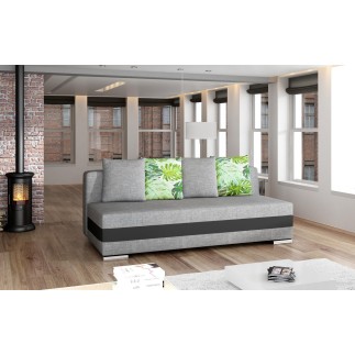 Canapé 3 places convertible tissu gris et simili noir, coffre, CALIN