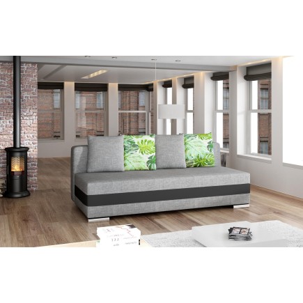 Canapé 3 places convertible tissu gris et simili noir, coffre, CALIN