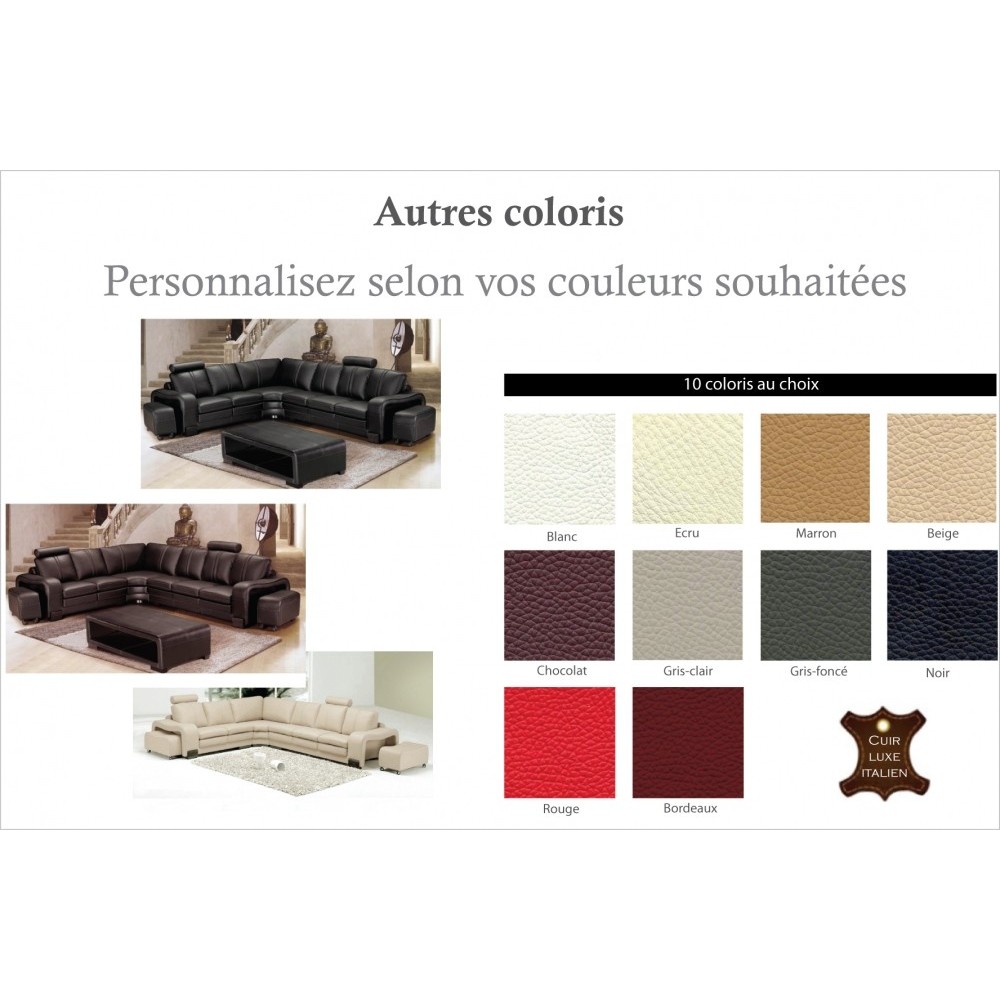 Canapé d'angle en cuir italien 7 places EVITA, couleur personnalisée, angle gauche Canapé d'angle en cuir italien 7 places EVITA, couleur personnalisée, angle gauche