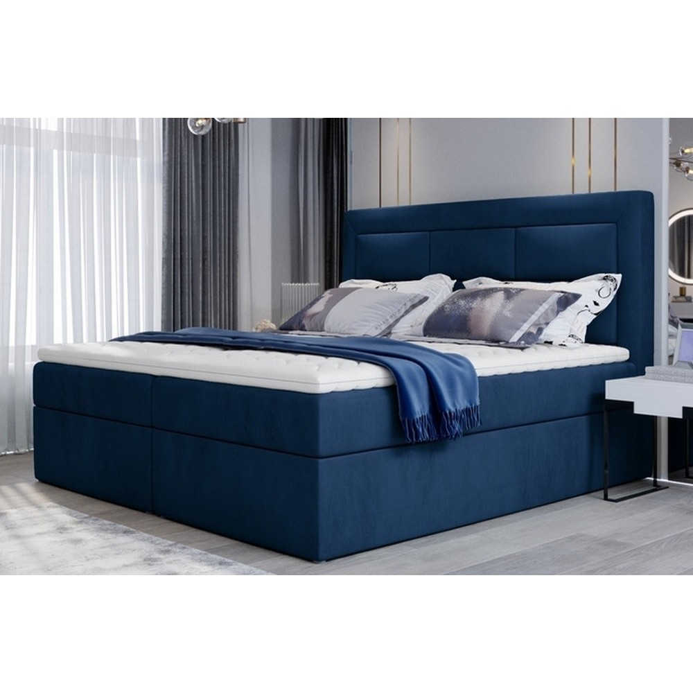 Ensemble boxspring complet tête de lit + sommiers + matelas + surmatelas VISTA VELOURS de VENESETTI - tissu velours luxe bleu -