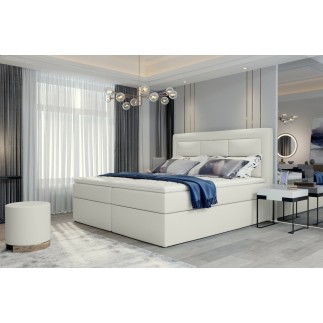 Ensemble boxspring complet tête de lit + sommiers + matelas + surmatelas VISTA de VENESETTI - simili cuir ivoire - 140 x 200 cm