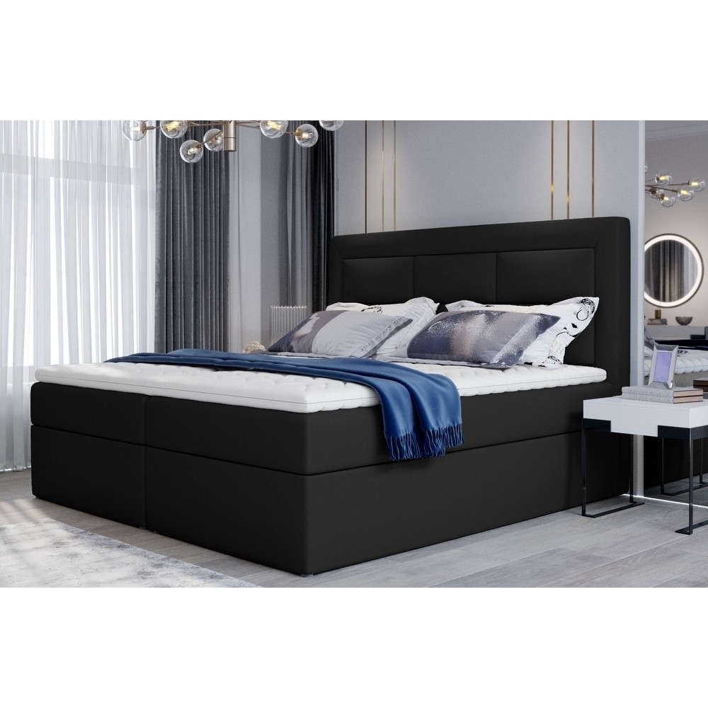 Ensemble boxspring complet tête de lit + sommiers + matelas + surmatelas VISTA de VENESETTI - simili cuir noir - 140 x 200 cm, 1