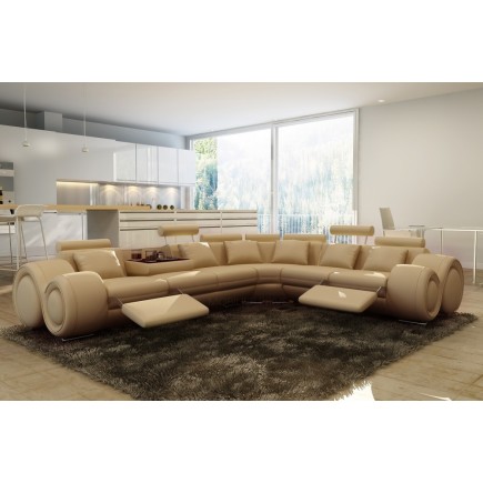 Canapé d'angle en cuir italien 7 places EXCELIA, beige.
