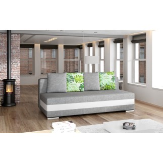 Canapé 3 places convertible tissu gris et simili blanc, coffre, CALIN