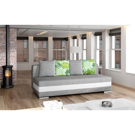 Canapé 3 places convertible tissu gris et simili blanc, coffre, CALIN