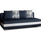 Canapé 3 places convertible tissu bleu foncé et simili blanc, coffre, CALIN