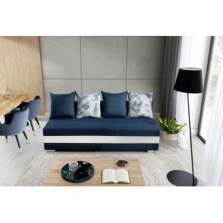 Canapé 3 places convertible tissu bleu foncé et simili blanc, coffre, CALIN