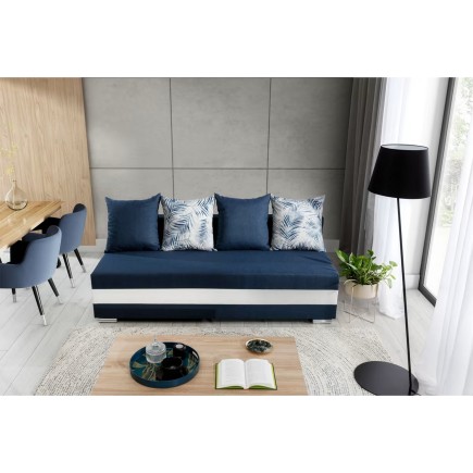 Canapé 3 places convertible tissu bleu foncé et simili blanc, coffre, CALIN