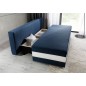 Canapé 3 places convertible tissu bleu foncé et simili blanc, coffre, CALIN