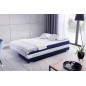 Canapé 3 places convertible tissu bleu foncé et simili blanc, coffre, CALIN