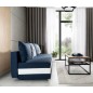 Canapé 3 places convertible tissu bleu foncé et simili blanc, coffre, CALIN