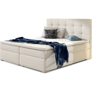 Ensemble boxspring complet tête de lit + sommiers + matelas + surmatelas INAYA de VENESETTI - simili cuir blanc cassé - 160x200