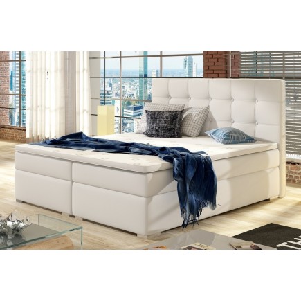 Ensemble boxspring complet tête de lit + sommiers + matelas + surmatelas INAYA de VENESETTI - simili cuir blanc cassé - 180x200