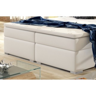 Ensemble boxspring complet tête de lit + sommiers + matelas + surmatelas INAYA de VENESETTI - simili cuir blanc cassé - 180x200