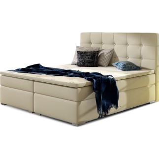 Ensemble boxspring complet tête de lit + sommiers + matelas + surmatelas INAYA de VENESETTI - simili cuir beige - 140x200 cm
