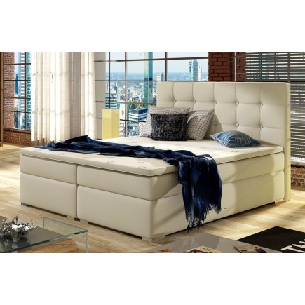 Ensemble boxspring complet tête de lit + sommiers + matelas + surmatelas INAYA de VENESETTI - simili cuir beige - 180x200 cm