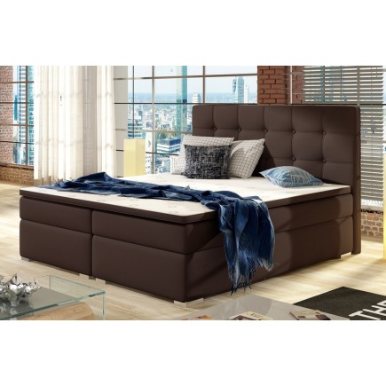 Ensemble boxspring complet tête de lit + sommiers + matelas + surmatelas INAYA de VENESETTI - simili cuir chocolat - 180x200 cm