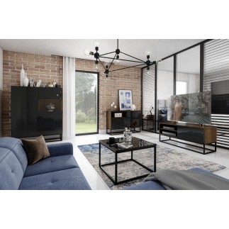Meuble TV avec tiroir - coloris chêne artisanal - façade noir brillant, Collection AVON