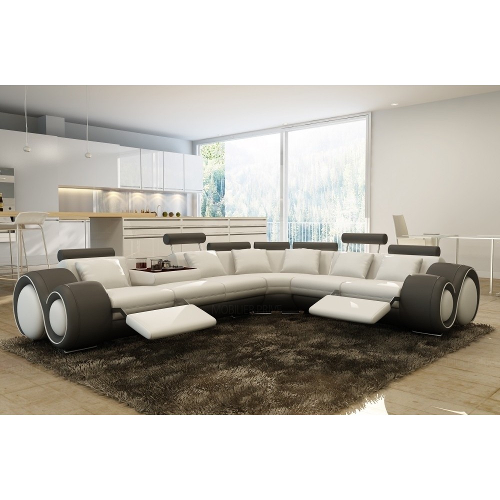 Canapé d'angle en cuir italien 7 places EXCELIA, blanc et gris foncé, angle droit Canapé d'angle en cuir italien 7 places EXCELIA, blanc et gris foncé, angle droit