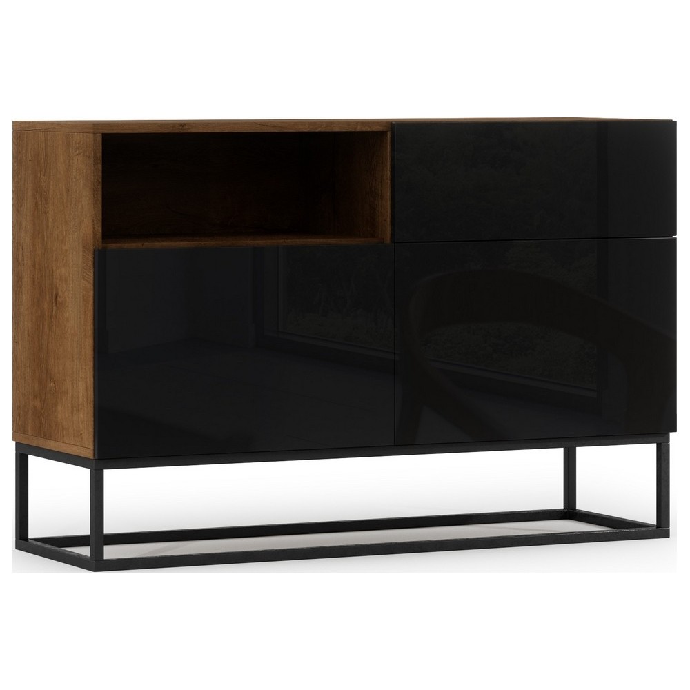 Commode - coloris chêne artisanal - façade noir brillant, Collection AVON