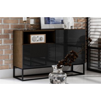Commode - coloris chêne artisanal - façade noir brillant, Collection AVON