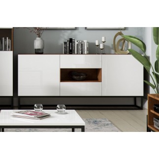 Buffet - finition chêne artisanal et façade blanc brillant, Collection AVON
