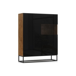 Buffet haut - finition chêne artisanal et façade noir brillant, Collection AVON