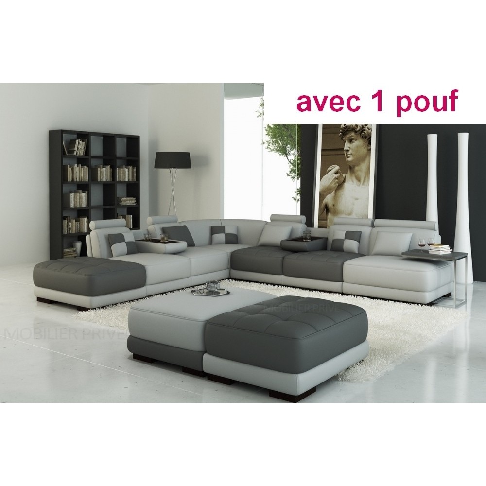 Canapé d'angle en cuir italien 6/7 places PETIT ELIXIR, gris clair et gris foncé, angle gauche, 6/7 places + 1 pouf