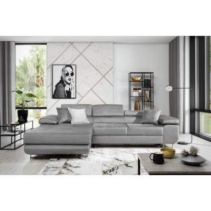 - Canapé d'angle convertible ARMEL en tissu velours luxe 5 places, couleur gris, avec coffre, angle gauche (vu de face)