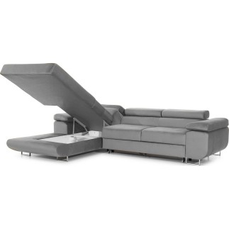 - Canapé d'angle convertible ARMEL en tissu velours luxe 5 places, couleur gris, avec coffre, angle gauche (vu de face)