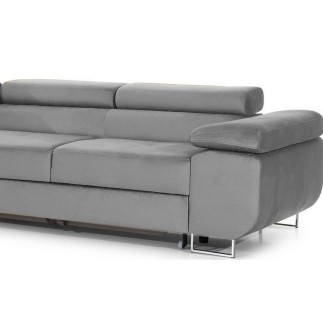 - Canapé d'angle convertible ARMEL en tissu velours luxe 5 places, couleur gris, avec coffre, angle gauche (vu de face)