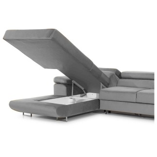 - Canapé d'angle convertible ARMEL en tissu velours luxe 5 places, couleur gris, avec coffre, angle gauche (vu de face)