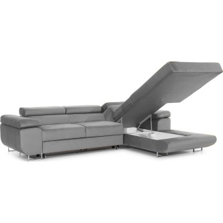 Canapé d'angle convertible ARMEL en tissu velours luxe 5 places, couleur gris, avec coffre, angle droit (vu de face)