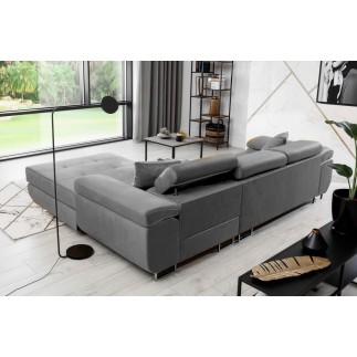 Canapé d'angle convertible ARMEL en tissu velours luxe 5 places, couleur gris, avec coffre, angle droit (vu de face)