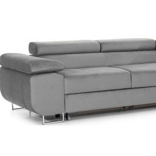Canapé d'angle convertible ARMEL en tissu velours luxe 5 places, couleur gris, avec coffre, angle droit (vu de face)