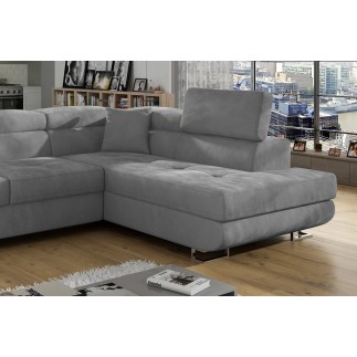 Canapé d'angle convertible en velours luxe 5 places, ANNECY VELOURS, couleur gris clair, angle droit (vu de face)