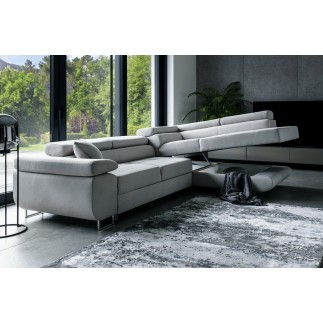 Canapé d'angle convertible en velours luxe 5 places, ANNECY VELOURS, couleur gris clair, angle droit (vu de face)