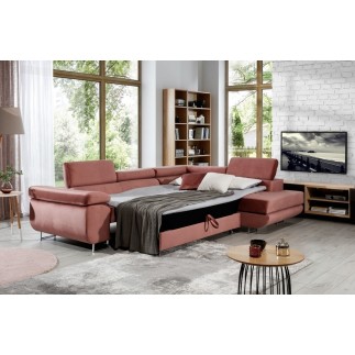 Canapé d'angle convertible en velours luxe 5 places, ANNECY VELOURS, couleur rose pale, angle droit (vu de face)