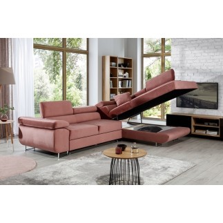 Canapé d'angle convertible en velours luxe 5 places, ANNECY VELOURS, couleur rose pale, angle droit (vu de face)