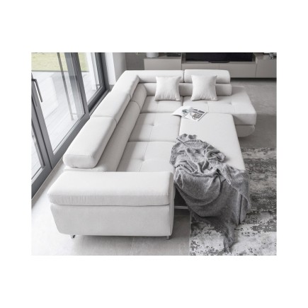 Canapé d'angle convertible en velours luxe 5 places, ANNECY VELOURS Luxe, couleur blanc, angle droit (vu de face)